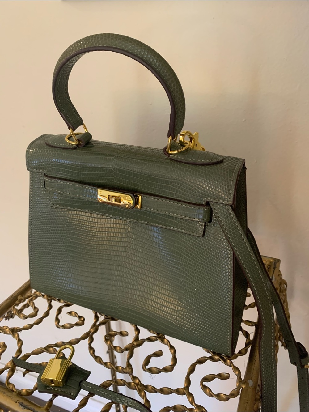 Green Top-Handle and Shoulder Strap Real  Leather Bag with Gold  Lock & Clochett